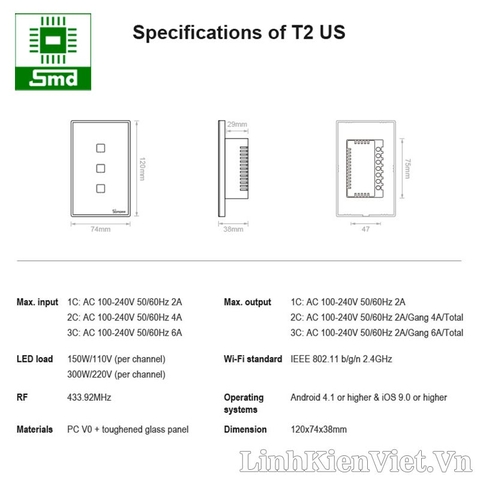 Công tắc cảm ứng âm tường WiFi SONOFF T2 US 3 kênh (Chữ nhật)