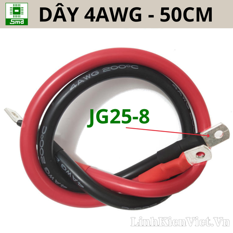(Dài 50Cm) 4AWG Dây Silicon đen/đỏ bấm cos JG25-8 2 đầu dài 50 Cm