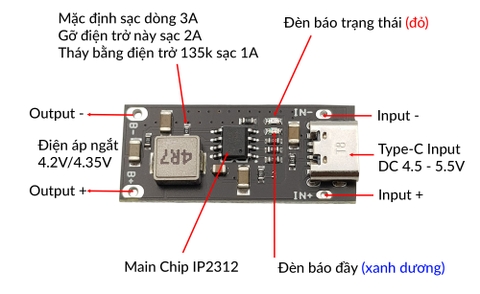 (Bản 4.35V) Mạch sạc IP2312 pin lithium USB Type-C 3A ( Sạc nhanh 3A 4.35V)