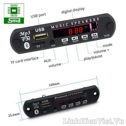 Mạch Giải Mã MP3 USB/TF/AUX/Bluetooth3.0 7-12VDC