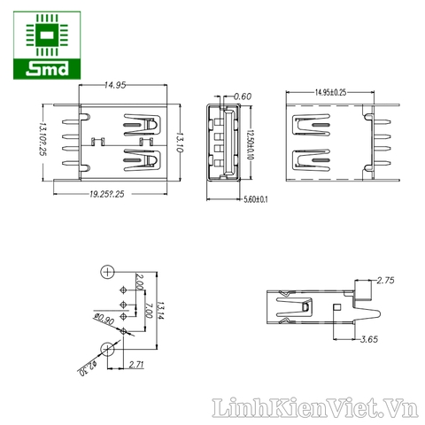 Chân USB type A cái DIP thẳng (Miệng thẳng)