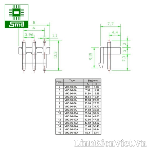 VH3.96mm 2P Đực thẳng