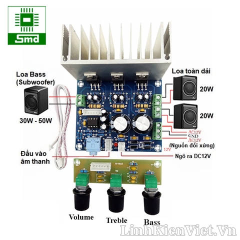 Bộ mạch khuếch âm thanh class AB 2.1 TDA2030 2x20W+30W - Mạch chỉnh âm sắc (XH-M553)