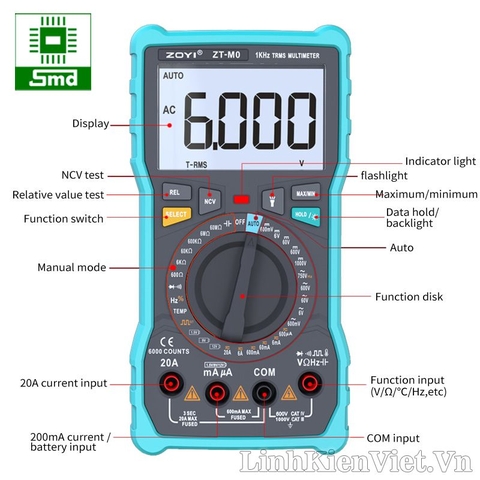 Đồng hồ đo vạn năng ZOYI ZT-M0 đo nhiệt độ, tần số, điện áp và dòng điện AC và DC, kiểm tra điện âm tường
