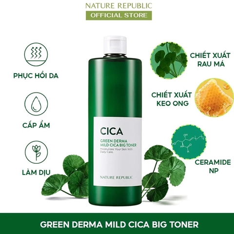 Nước Hoa Hồng Nature Republic Rau Má Làm Dịu Da Green Derma Mild Cica Big Toner 500ml