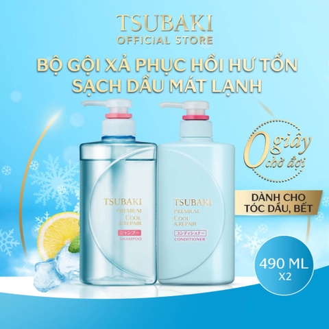Bộ Gội Xả Phục Hồi Hư Tổn, Sạch Dầu Mát Lạnh Tsubaki Premium Cool 490ml