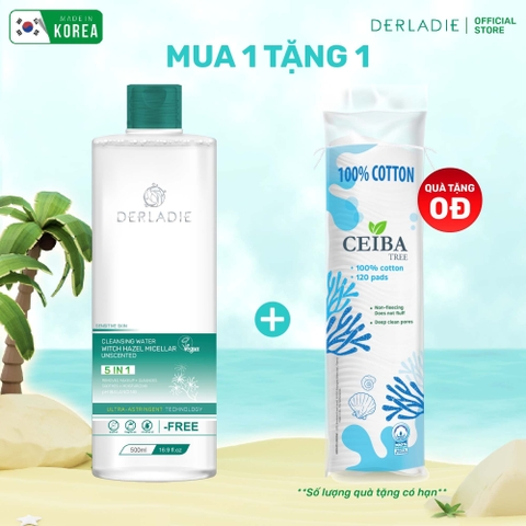 [MUA 1 TẶNG 1] Tẩy Trang Thuần Chay Sạch Dịu Êm Cho Da Dầu Mụn Derladie Cleansing Water Witch Hazel Micellar Unsented 500ML