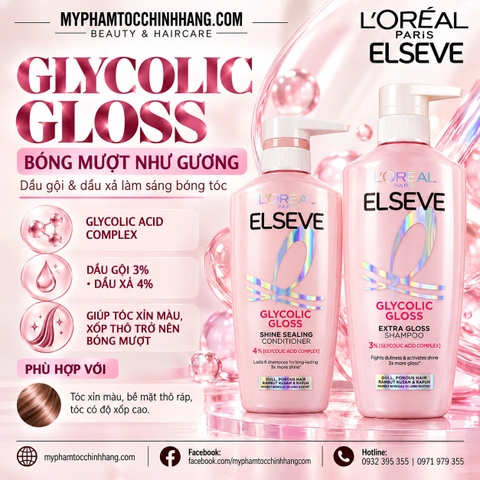 Bộ Dầu Gội Dầu Xả Bóng Mượt Tóc Xỉn Màu, Khô Xốp L’Oréal Paris Elseve Glycolic Gloss Shampoo & Conditioner