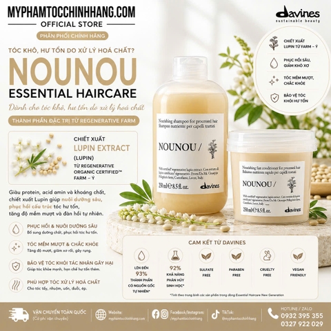 Bộ sản phẩm DAVINES NOUNOU gồm dầu gội, dầu xả và hấp – được thiết kế đặc biệt cho tóc nhuộm, tẩy, tóc khô yếu cần phục hồi sâu