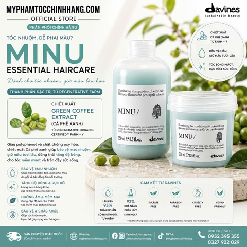 Bộ sản phẩm DAVINES MINU gồm dầu gội, dầu xả và hấp – chuyên dùng cho tóc nhuộm