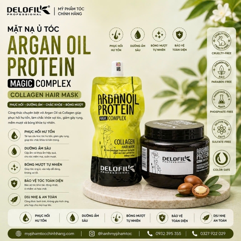 DẦU Ủ TÓC COLLAGEN DELOFIL ARGANOIL PROTEIN SIÊU MƯỢT 500ml HAIR MASK