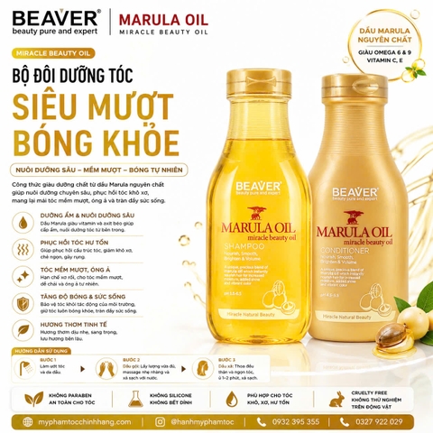 Dầu gội xả BEAVER tinh dầu Marula & Xoài Nam Phi làm mượt và bóng tóc (BEAVER Marula Oil Smooth & Shine Shampoo & Conditioner)