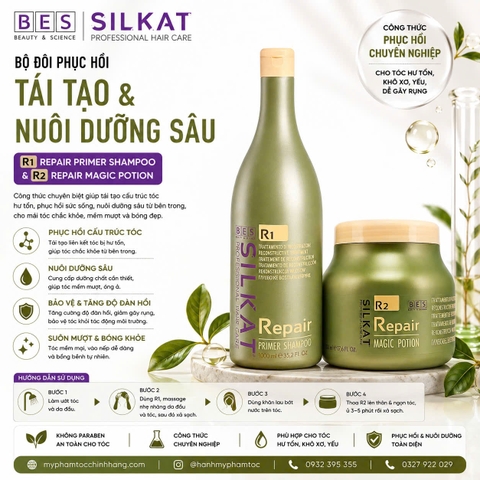 DẦU GỘI VÀ DẦU HẤP BES SILKAT REPAIR R1 VÀ R2 1000ML - 500ML