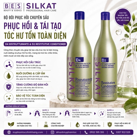 DẦU GỘI BES SILKAT PHỤC HỒI TÓC D4 Repairing Shampoo +DẦU XẢ SILKAT SIÊU MƯỢT D2  Smoothing Conditioner 1000ML