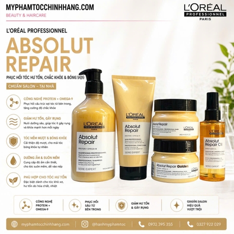 Dầu gội xả hâp, dầu dưỡng tóc phục hồi L'Oréal vàng Absolut Repair