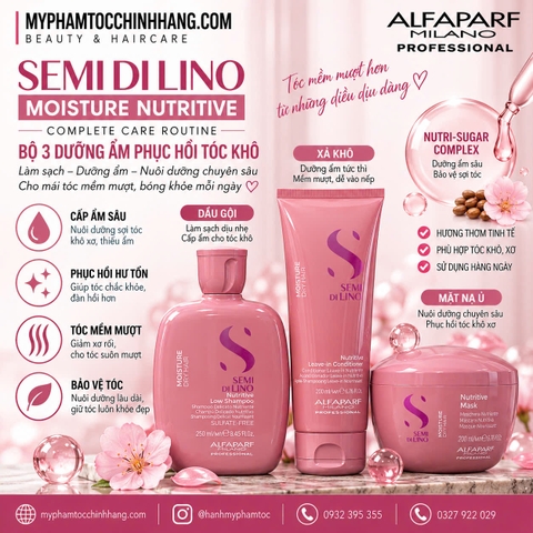 Dầu gội, mặt nạ tóc, kem xả khô giữ ẩm Alfaparf Milano SDL Moisture (Semi Di Lino Moisture Nutritive Low Shampoo, Mask & Leave-in Conditioner)