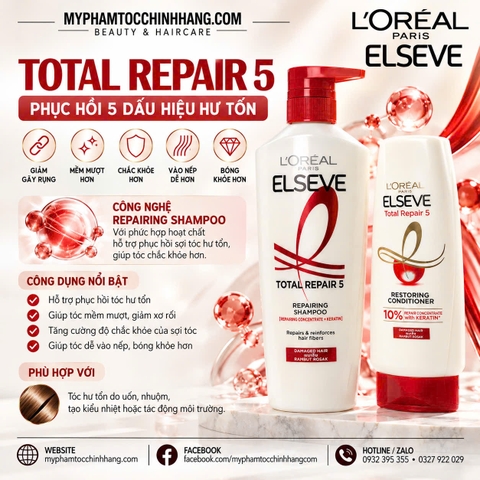 Bộ Dầu Gội Dầu Xả Phục Hồi Tóc Hư Tổn 5 L’Oréal Paris Elseve Total Repair 5