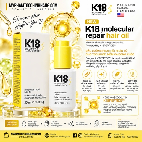 K18 MOLECULAR REPAIR HAIR OIL 30ML | DẦU DƯỠNG PHỤC HỒI PHÂN TỬ, GIẢM XÙ VÀ BẢO VỆ TÓC