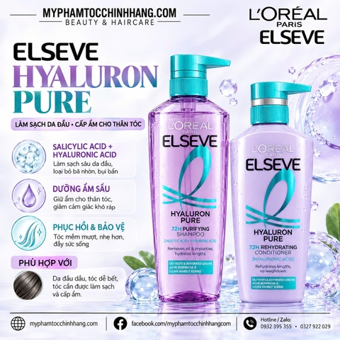 Bộ Dầu Gội Làm Sạch Da Đầu Dầu, Dưỡng Ẩm Tóc Khô / L’Oréal Paris Elseve Hyaluron Pure 72H