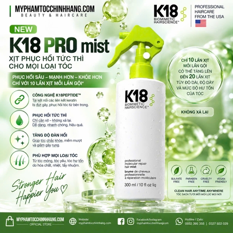 K18 PRO MIST PROFESSIONAL MOLECULAR REPAIR HAIR MIST 300ML Xịt pre- trước các dịch vụ hóa chất