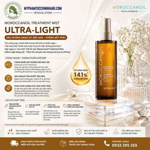 Moroccanoil Treatment Mist Ultra-Light 100ml | Dầu Dưỡng Tóc Dạng Xịt Siêu Nhẹ Không Bết Dính
