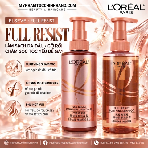 L’Oréal Paris Elseve Full Resist Purifying Shampoo & Detangling Conditioner | Bộ Dầu Gội Làm Sạch Da Đầu Và Dầu Xả Gỡ Rối Cho Tóc Yếu Dễ Gãy