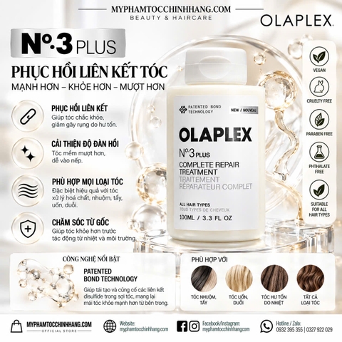 OLAPLEX Nº.3PLUS COMPLETE REPAIR TREATMENT 100ML – PHỤC HỒI TÓC HƯ TỔN TRONG 3 PHÚT