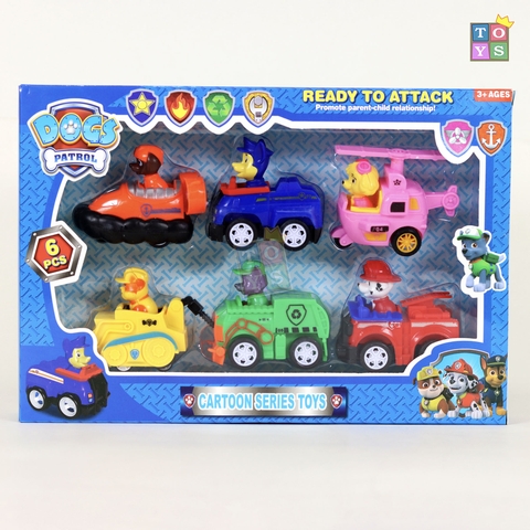 🚗 Bộ Đồ Chơi 6 Xe Chó Cứu Hộ Paw Patrol Siêu Ngầu 💥 – Có Cót Kéo Về Sau Để Chạy 🐾