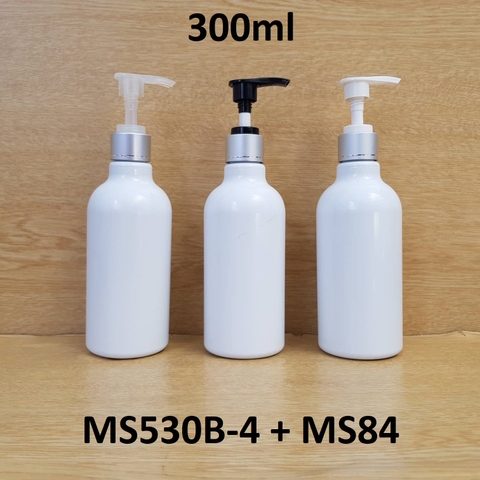 Chai trắng cổ cao tròn vòi van xi bạc 300ml