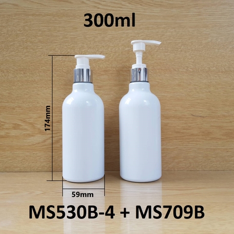 Chai trắng cổ cao tròn vòi van xi bạc bóng KO viền 300ml