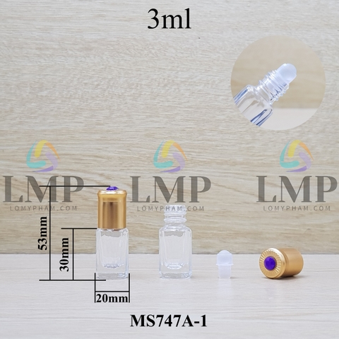 Chai lăn trong nắp vàng đính ruby 3ml