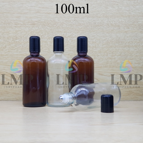 Chai tinh dầu nắp đen đầu bi lăn sắt 100ml