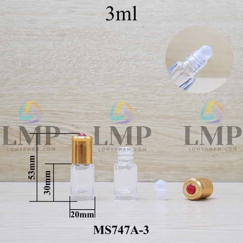 Chai lăn trong nắp vàng đính ruby 3ml