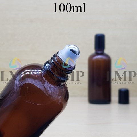 Chai tinh dầu nắp đen đầu bi lăn sắt 100ml