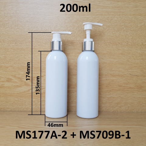 Chai trắng vai tròn vòi van trắng khoen bạc 200ml