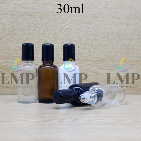 Chai tinh dầu nắp đen đầu bi lăn sắt 30ml