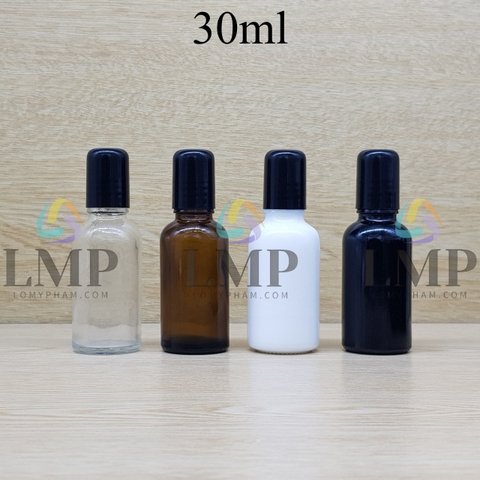 Chai tinh dầu nắp đen đầu bi lăn sắt 30ml