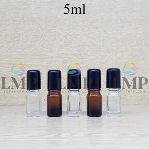 Chai tinh dầu nắp đen đầu bi lăn sắt 5ml