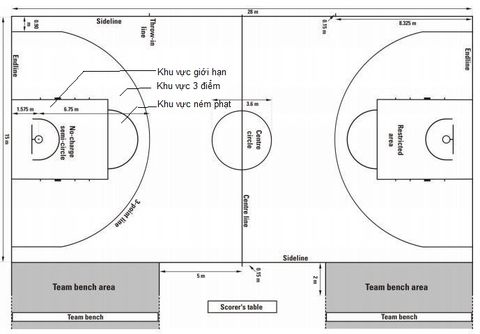 Kích thước sân bóng rổ tiêu chuẩn thi đấu FIBA