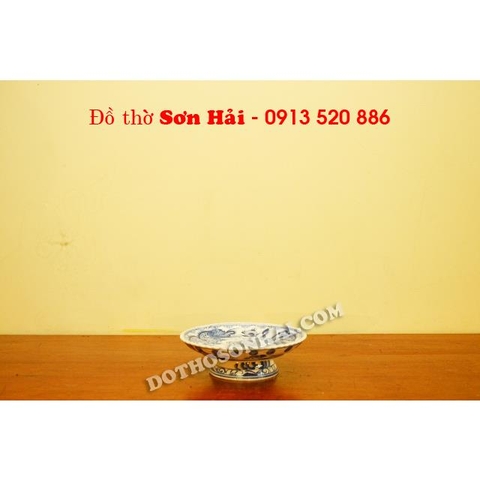 Mâm bồng, mâm ngũ quả sứ Bát Tràng, men lam giả cổ cao cấp, rộng 18cm