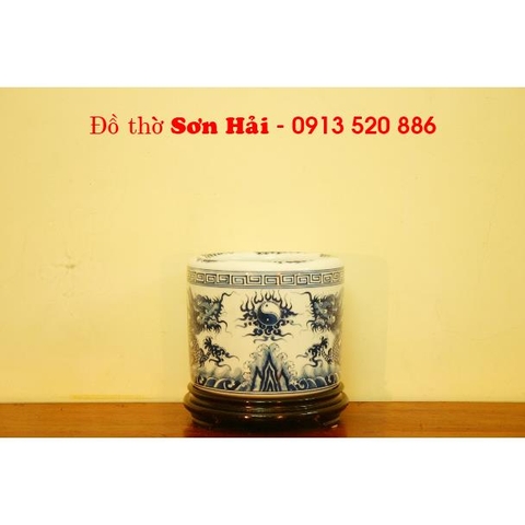 Bát hương bằng gốm sứ Bát Tràng, men lam giả cổ, miệng cong, rộng 22cm