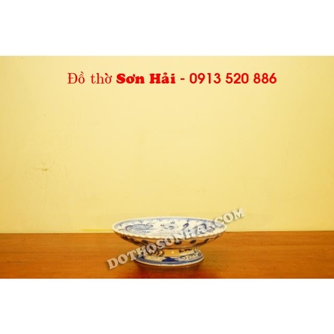 Mâm bồng sứ, đĩa thờ sứ Bát Tràng, men lam giả cổ cao cấp,  rộng 24cm