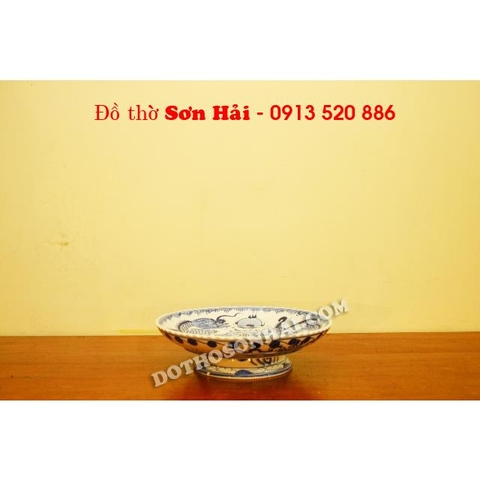 Mâm bồng sứ Bát Tràng, men lam giả cổ cao cấp, rộng 26cm