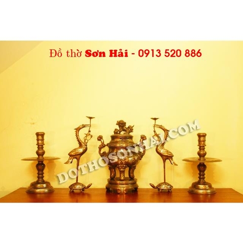 Bộ ngũ sự bằng đồng, lư hương đồng tam khí giả cổ cao 55cm