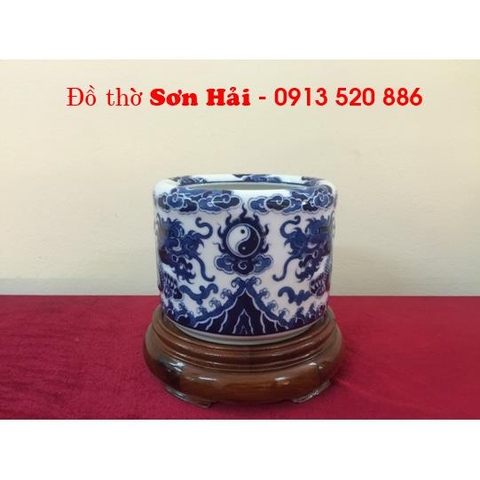 Bát hương Bát Tràng cao cấp, sứ men lam, rồng nổi giả cổ đẹp, rộng 18cm