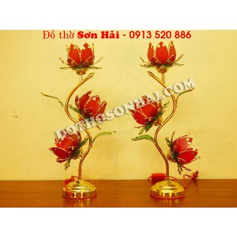 Đèn bàn thờ Phật, đèn thờ hoa Sen 3 bông cao 55cm