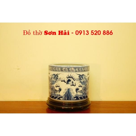 Bát hương gốm sứ Bát Tràng cao cấp, men lam giả cổ, miệng phẳng, rộng 25cm