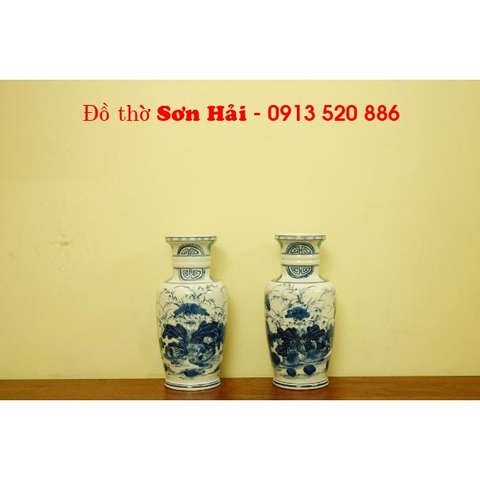 Lọ hoa đẹp bằng gốm sứ Bát Tràng, men lam giả cổ cao cấp, cao 30cm