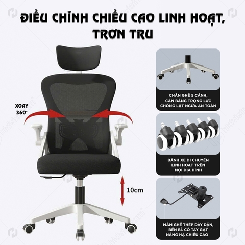 Ghế văn phòng giá rẻ HTD-V1, Vải lưới tựa đầu 3D thoáng khí, tăng giảm chiều cao linh hoạt