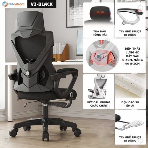 Ghế văn phòng ngả lưng HTD V2 - Ghế xoay công thái học, có gác chân, tựa đầu 3D cao cấp
